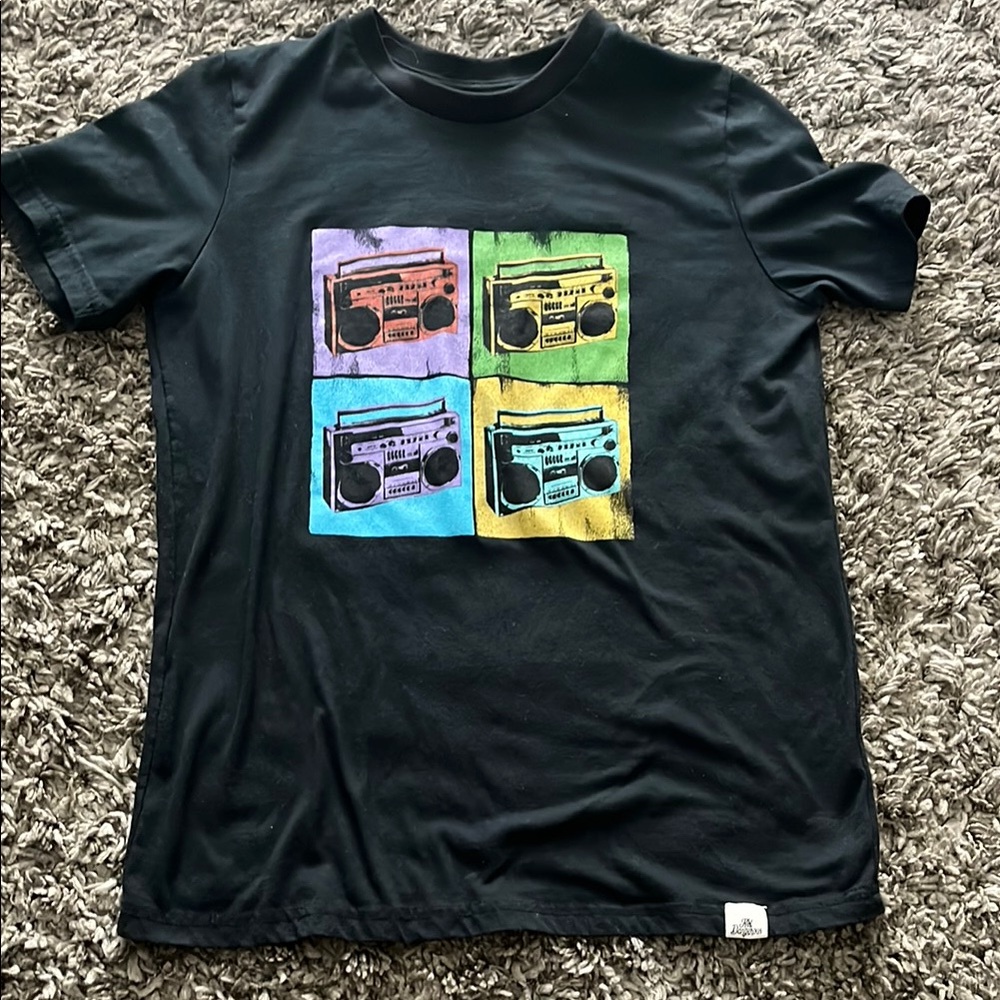 Black Graphic T-Shirt with Colorful Radio Print